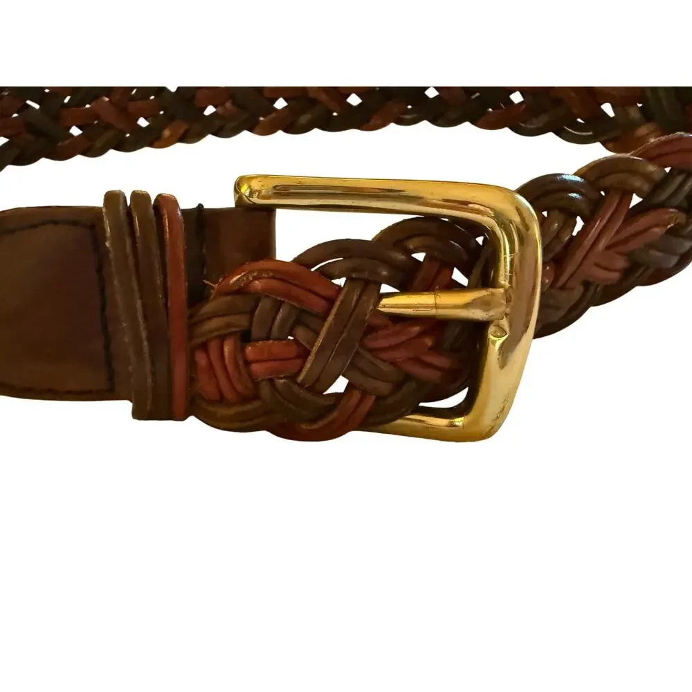 Lands End Braided Leather Belt Size 28 Brown Multi Color Gold Buckle Vintage